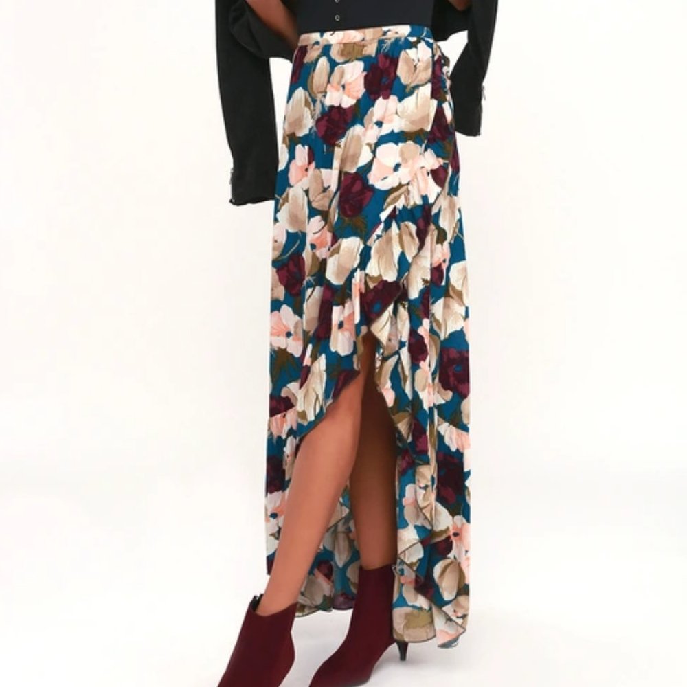 Adriana Blue Floral Print Ruffle High-Low Skirt - Sold Out Online